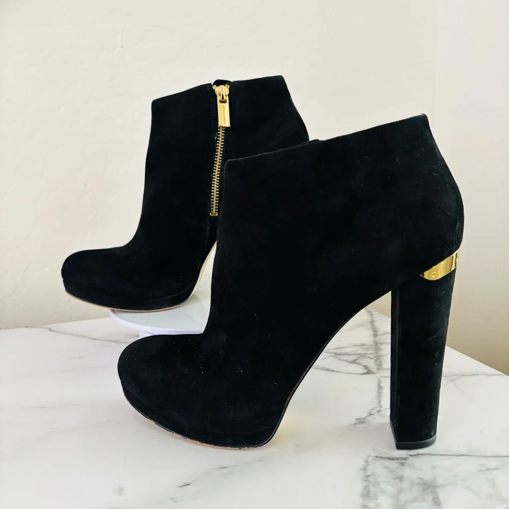 Michael Kors Haven Platform Booties‎ Black Suede Ankle with Gold Accents 9 M